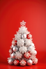 Fototapeta na wymiar A festive white Christmas tree adorned with red and silver ornaments. Perfect for holiday decorations and creating a merry atmosphere