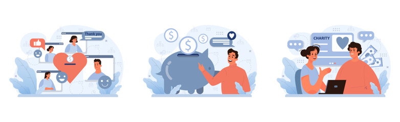 Charity and charitable foundation set. Help for people in need. Humanitarian aid, donations, volunteers or Non-governmental, nonprofit organizations support. Flat vector illustration