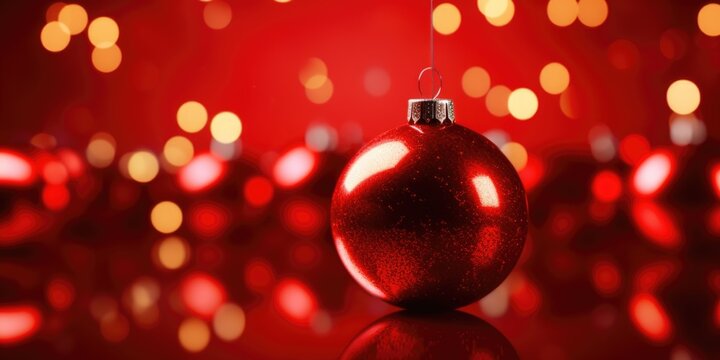 A red Christmas ornament is hanging from a string. This image can be used to add a festive touch to holiday designs and decorations