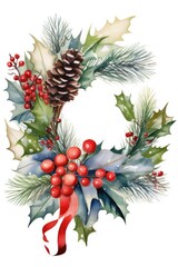A beautiful watercolor Christmas wreath featuring holly and pine cones. Perfect for holiday decorations or festive greeting cards