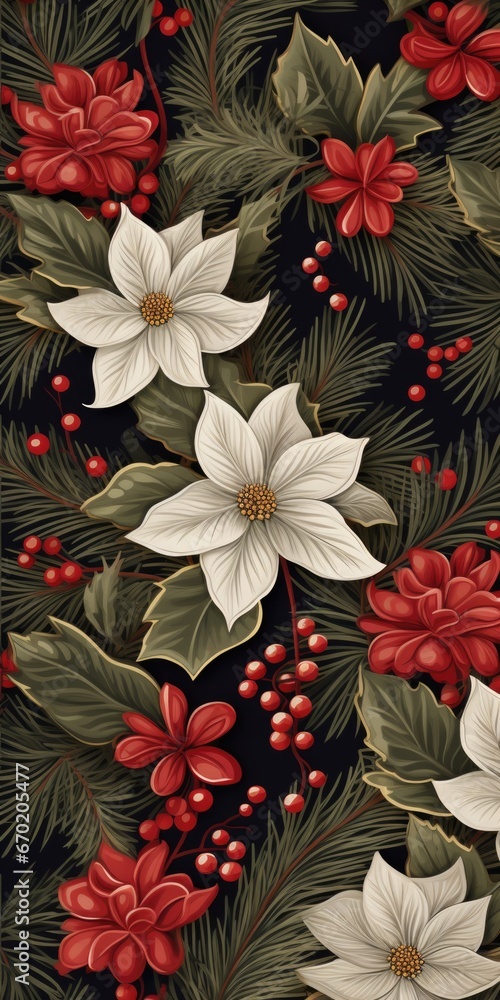 Poster A beautiful pattern featuring red and white flowers with green leaves. Perfect for adding a touch of nature and elegance to any project or design