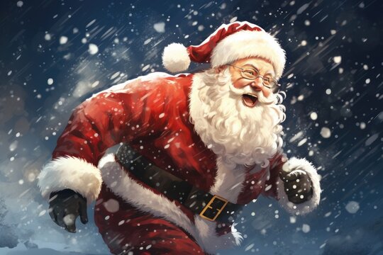 A painting depicting Santa Claus joyfully running through the snowy landscape. This image can be used to capture the excitement and magic of the holiday season