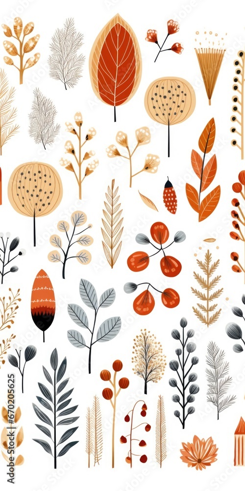 Poster A collection of various types of leaves and flowers. Perfect for adding a touch of nature to your designs or for creating beautiful floral arrangements