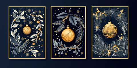 Three festive Christmas cards featuring elegant gold ornaments. Perfect for sending holiday greetings and spreading cheer.