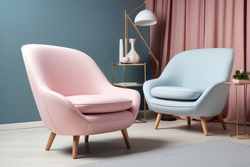 Modern sky pink chair, decorative vase and blue wall and pink curtain, interior design of the room.