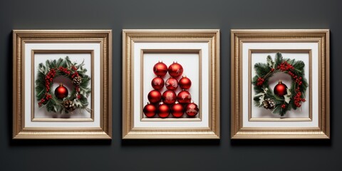 A collection of three framed pictures showcasing festive Christmas decorations. Perfect for adding a touch of holiday cheer to any space.