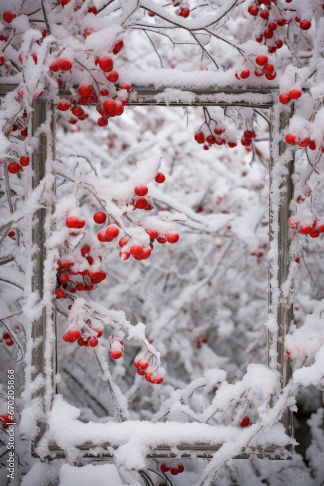 Poster a picture frame covered in a layer of snow with vibrant red berries adding a pop of color. perfect f