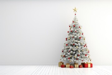 A festive white Christmas tree adorned with beautiful red and gold decorations. Perfect for adding a touch of elegance and holiday spirit to any space