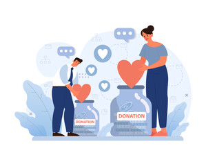 Charity and charitable foundation web banner or landing page. Help for people in need. Humanitarian aid, donations, volunteers or nonprofit organizations support. Flat vector illustration