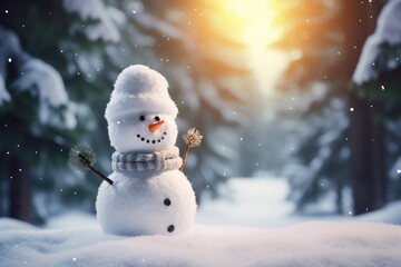 A snowman stands tall in the midst of a winter wonderland. This image is perfect for holiday-themed designs or winter-related projects