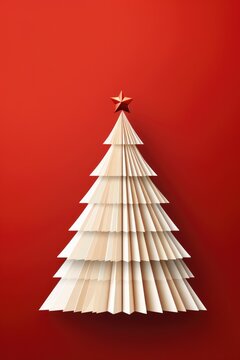 A paper Christmas tree on a vibrant red background. This festive image can be used for holiday-themed designs and decorations