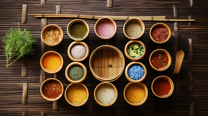 condiments in bamboo cups on a table view from the top, pattern, plastic, barrel, food, container,...