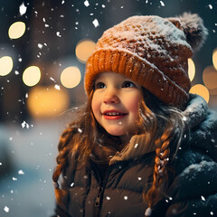 Little girl with Christmas lights,  enjoying the holidays outdoors in snowfall, happy girl, Christmas, winter, december