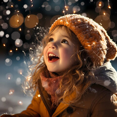 Little girl with Christmas lights,  enjoying the holidays outdoors in snowfall, happy girl, Christmas, winter, december