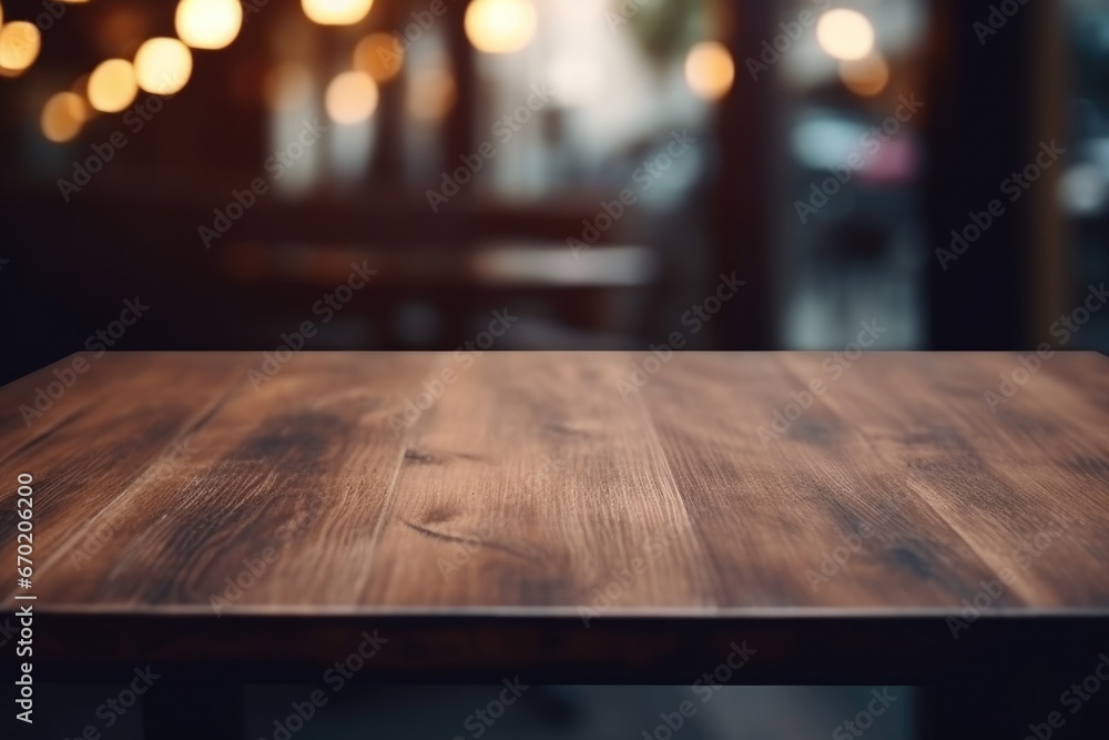 Poster A simple wooden table with soft ambient lights in the background. Perfect for adding a warm and cozy touch to any setting