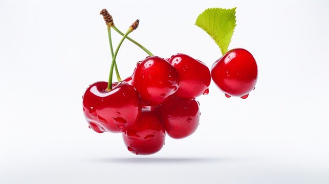 A high-definition image captures a vibrant red cherry suspended mid-air, its gleaming skin catching the light. The fruit appears as if in flight, perfectly isolated against a clean, white background.