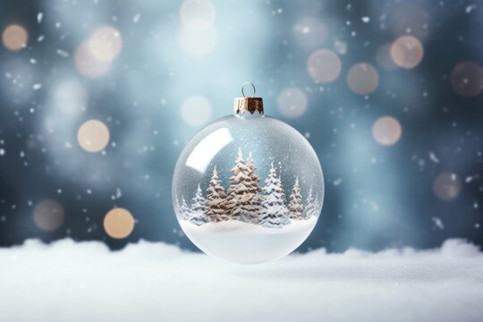 A beautiful Christmas ornament covered in snow, surrounded by trees. This image can be used to enhance holiday-themed designs or to create a festive atmosphere