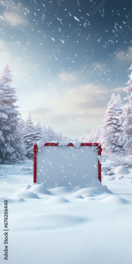 Aufkleber a picture of a snow covered field with a sign in the middle. this image can be used for various purp