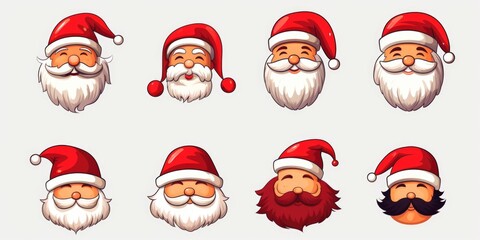 A collection of cartoon Santa Claus characters with a range of different facial expressions. Perfect for adding a festive touch to holiday designs and decorations