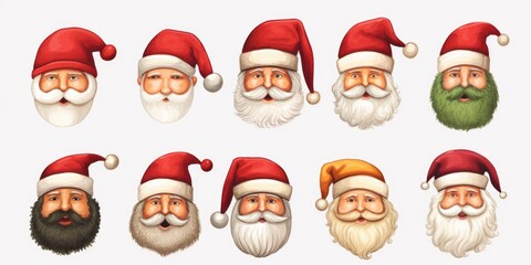 A group of cartoon Santas wearing beards and hats. Perfect for Christmas-themed designs and holiday illustrations
