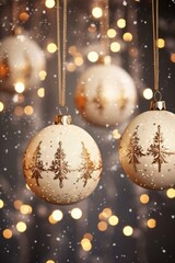 Two Christmas ornaments hanging from a string with lights in the background. Perfect for festive holiday decorations or creating a cozy atmosphere