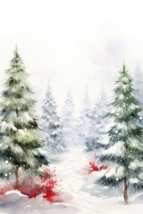 A beautiful painting capturing a snowy scene with tall trees. Perfect for winter-themed projects or nature-inspired designs