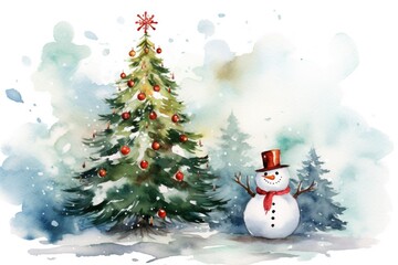 A charming watercolor painting of a snowman standing next to a beautifully decorated Christmas tree. Perfect for holiday-themed designs and festive projects