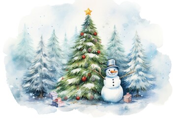 A watercolor painting depicting a cheerful snowman standing next to a beautifully decorated Christmas tree. This festive artwork is perfect for holiday-themed designs and decorations