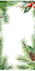 A beautiful watercolor Christmas frame featuring pine cones and holly leaves. Perfect for holiday cards, invitations, and festive designs