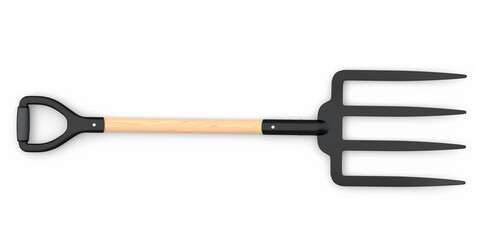 Garden pitchfork with wooden handle for harvesting hay on white background.