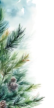 A watercolor painting of pine cones on a pine tree. This picture can be used for nature-themed designs or to add a touch of rustic beauty to any project
