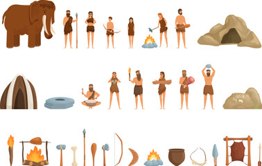 Ancient era family icons set cartoon vector. Age cave primitive. Fire person - obrazy, fototapety, plakaty
