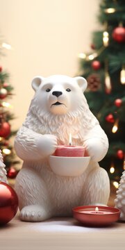 A white bear holding a lit candle stands in front of a beautifully decorated Christmas tree. This image can be used to depict the festive spirit and warmth of the holiday season
