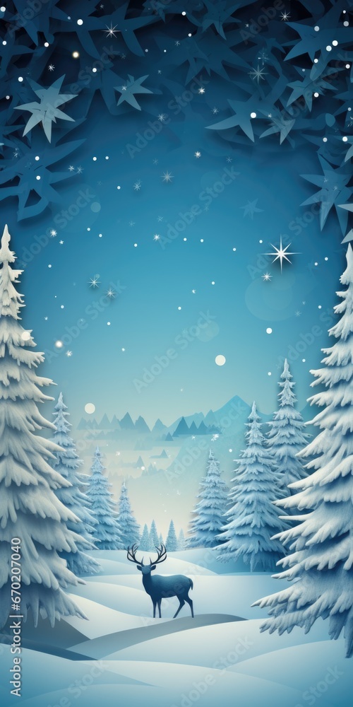 Poster a beautiful deer standing in the middle of a snowy forest. this image can be used to depict the sere