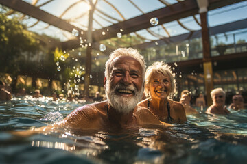 Group of old seniors doing exercises in a pool. - obrazy, fototapety, plakaty
