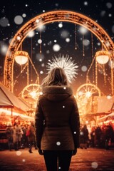 Obraz premium A woman standing confidently in front of a colorful ferris wheel. This image can be used to depict adventure, fun, and enjoyment at a carnival or amusement park