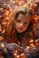 A young girl is surrounded by festive Christmas lights. This image can be used to capture the holiday spirit and joy. Perfect for Christmas-themed designs and promotions