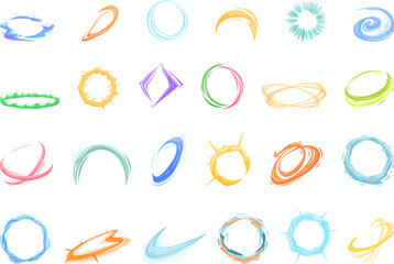 Ring energy flare icons set cartoon vector. Magic light glow. Effect circle portal