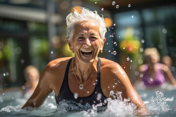 Old elderly happy woman doing health exercises in a pool.