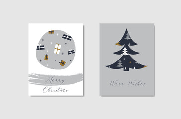 Christmas cards with christmas tree and gifts. Vector illustration.