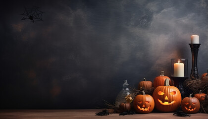 Pumpkins on foggy black background with empty text space
