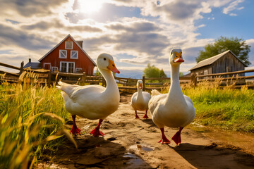Village stroll, geese gracefully roaming through the scenic landscape, farming, eco farming.