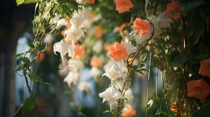 A soft focus shot of an Angel's Trumpet Vine winding its way up a trellis, its elegant leaves and...
