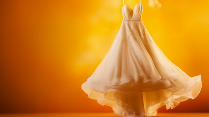 Wedding dress hanging on hanger against yellow and orange background.