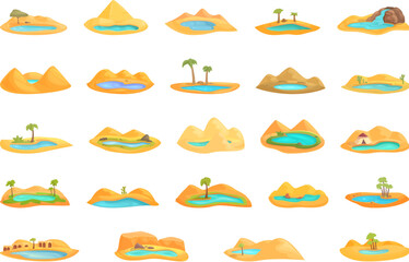 Lake in desert icons set cartoon vector. Palm tree oasis. Water desert land