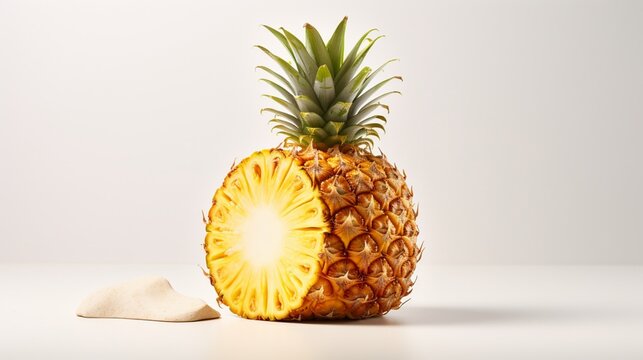 In this realistic 3D render, a succulent whole pineapple is paired with a precisely sliced portion. The fruit's rich, golden hues contrast beautifully with the clean, white surface it rests on.