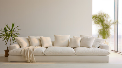 White couch with white pillows on it and white wall in the background.