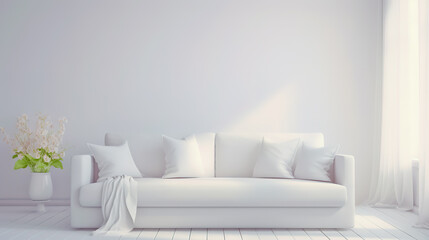 Fototapeta na wymiar White couch with white pillows on it and white wall in the background.