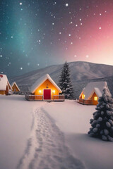 snowing cabin at the village in the magic mountains, Christmas tree, magical, winter cozy vibe,  holiday, ai