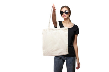 Tote eco bag for mockup is held by a woman